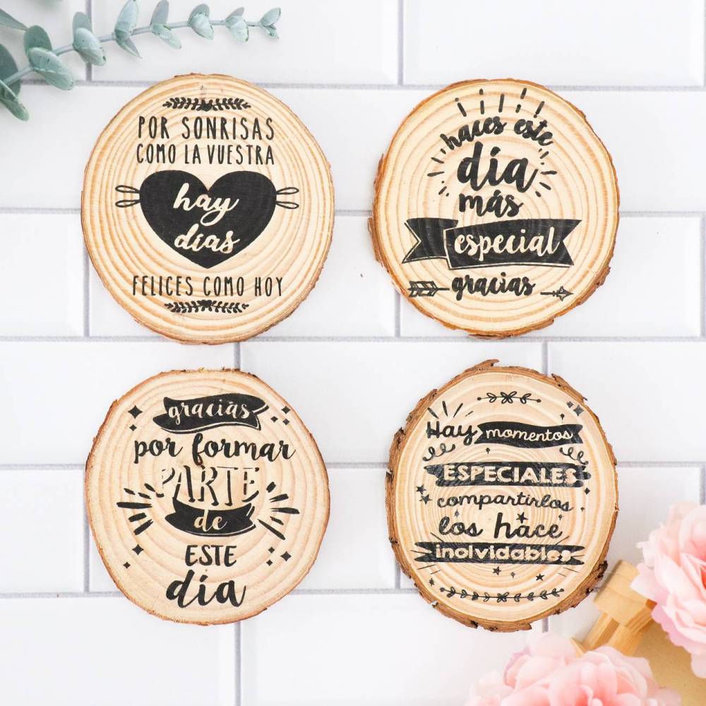 Pack de 4 posavasos tronco con frase Detalles boda - Detalles De Boda