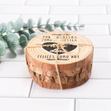 Pack de 4 posavasos tronco con frase Detalles boda - Detalles De Boda