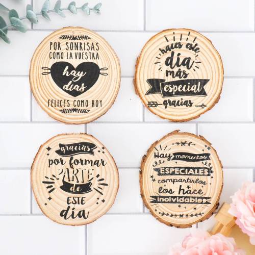 Pack de 4 posavasos tronco con frase Detalles boda - Detalles De Boda