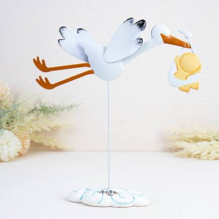 Figura para bautizo Cigüeña con niña de metal - Decoración De Bautizo