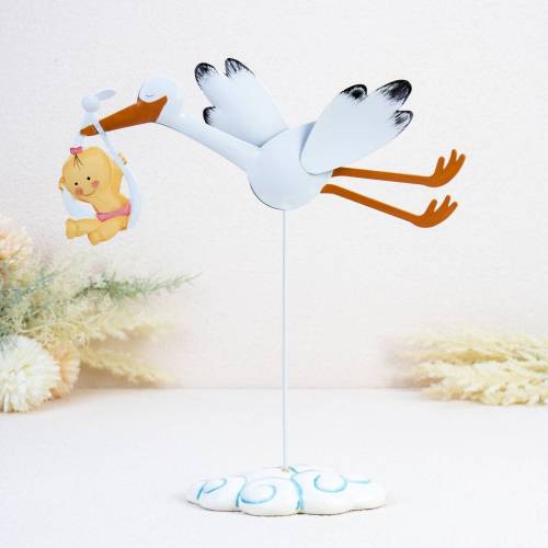Figura para bautizo Cigüeña con niña de metal - Decoración De Bautizo