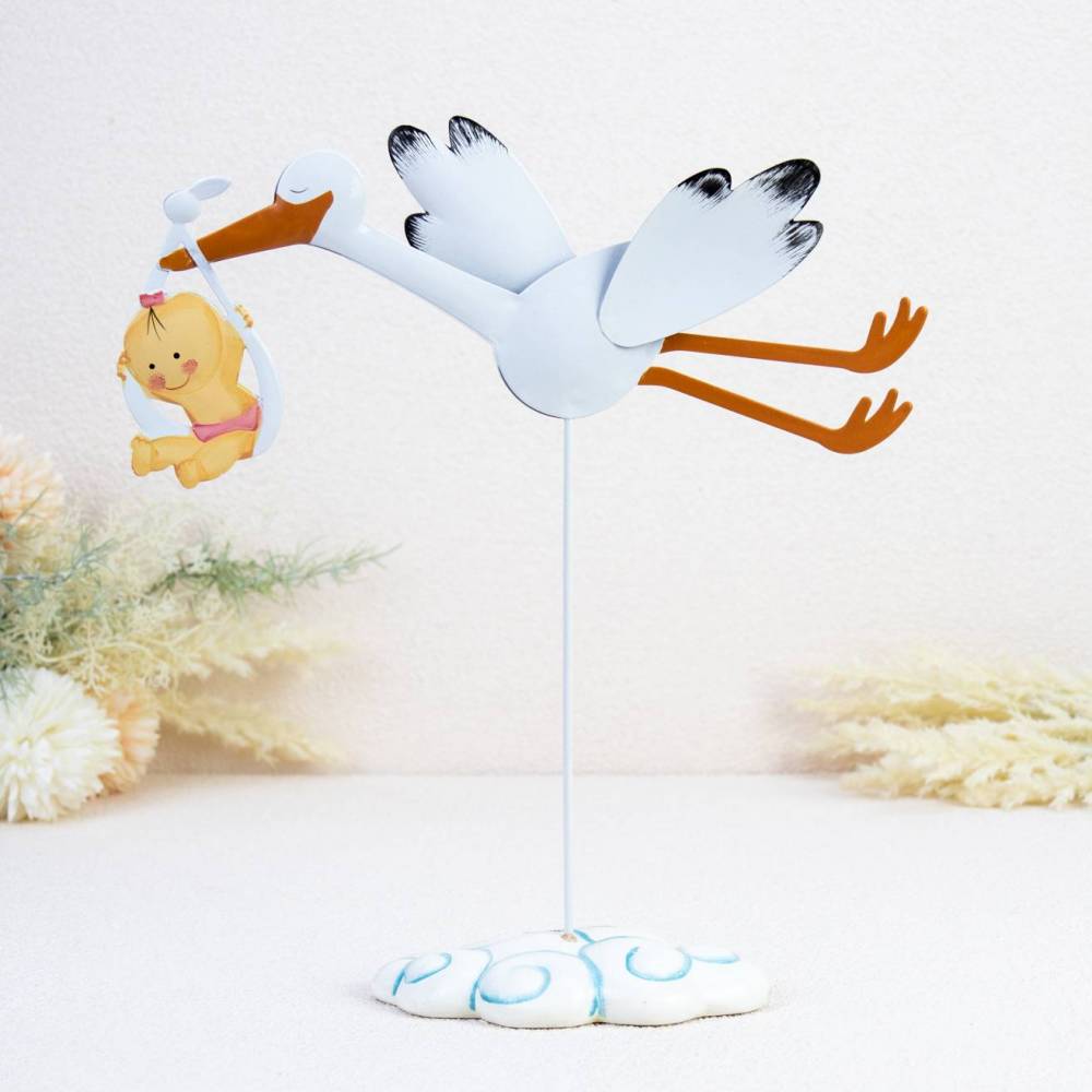 Figura para bautizo Cigüeña con niña de metal - Decoración De Bautizo