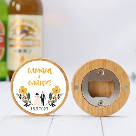 Abridor madera personalizado con pegatina Detalle boda - Detalles personalizables para Boda