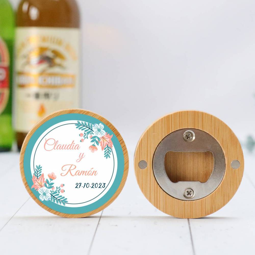 Abridor madera personalizado con pegatina Detalle boda - Detalles personalizables para Boda
