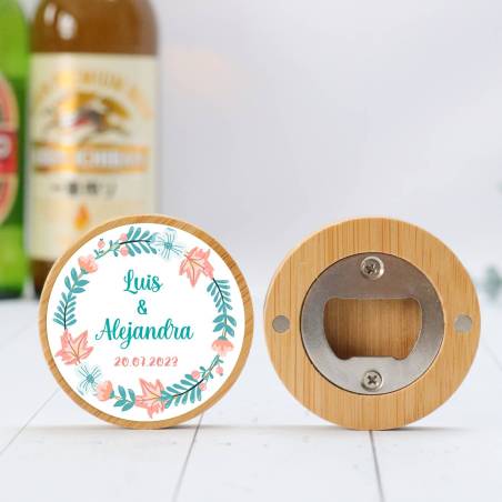 Abridor madera personalizado con pegatina Detalle boda - Detalles personalizables para Boda