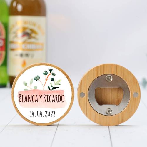 Abridor madera personalizado con pegatina Detalle boda - Detalles personalizables para Boda