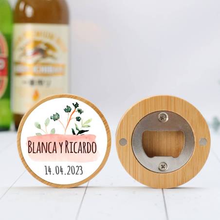 Abridor madera personalizado con pegatina Detalle boda - Detalles personalizables para Boda