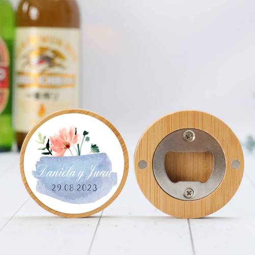 Abridor madera personalizado con pegatina Detalle boda - Detalles personalizables para Boda