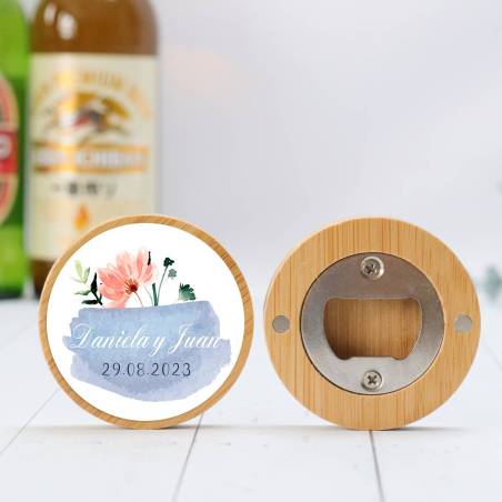 Abridor madera personalizado con pegatina Detalle boda - Detalles personalizables para Boda