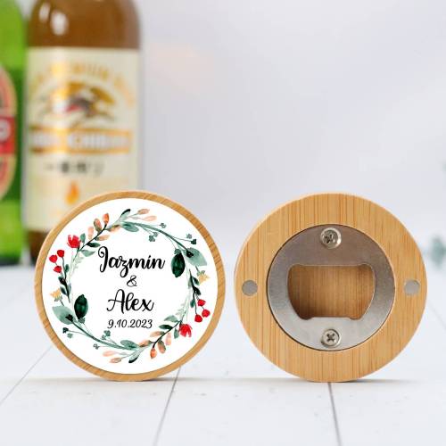 Abridor madera personalizado con pegatina Detalle boda - Detalles personalizables para Boda