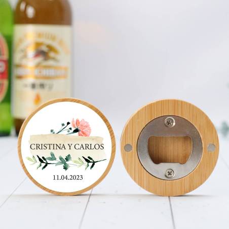 Abridor madera personalizado con pegatina Detalle boda - Detalles personalizables para Boda
