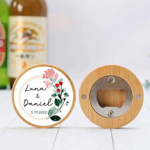 Abridor madera personalizado con pegatina Detalle boda - Detalles personalizables para Boda