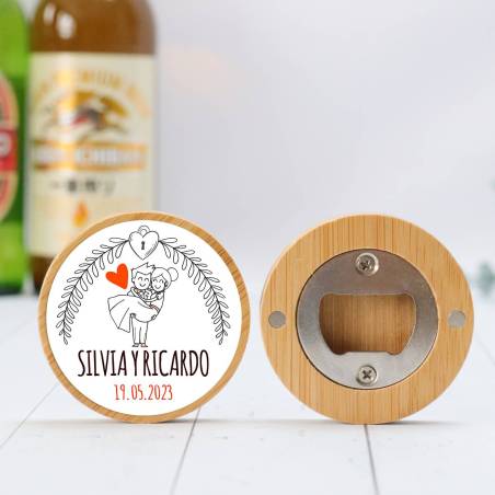 Abridor madera personalizado con pegatina Detalle boda - Detalles personalizables para Boda