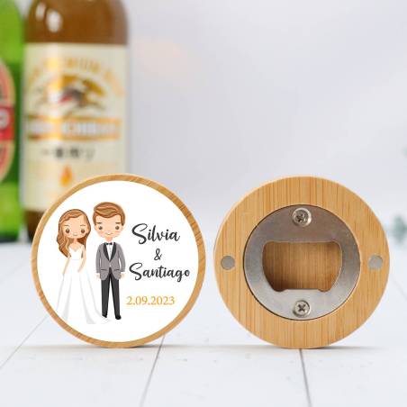 Abridor madera personalizado con pegatina Detalle boda - Detalles personalizables para Boda