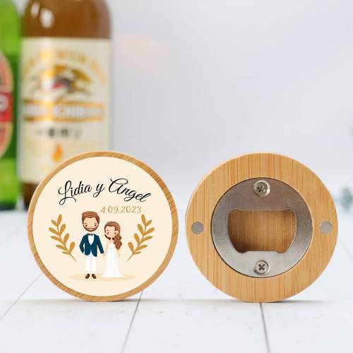Abridor madera personalizado con pegatina Detalle boda - Detalles personalizables para Boda