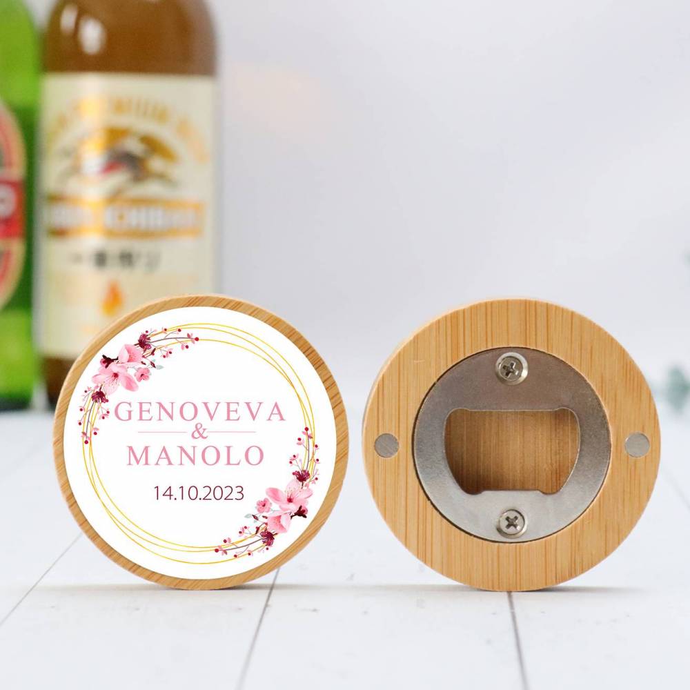 Abridor madera personalizado con pegatina Detalle boda - Detalles personalizables para Boda