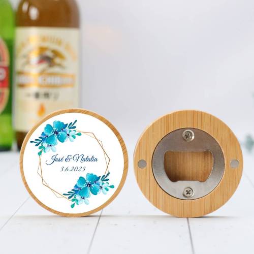 Abridor madera personalizado con pegatina Detalle boda - Detalles personalizables para Boda