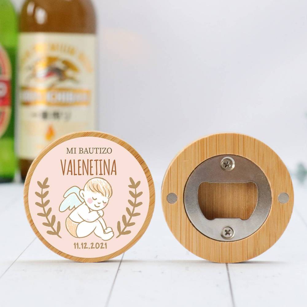 Abridor madera personalizado con pegatina Detalle bautizo - Detalles personalizables para Bautizo