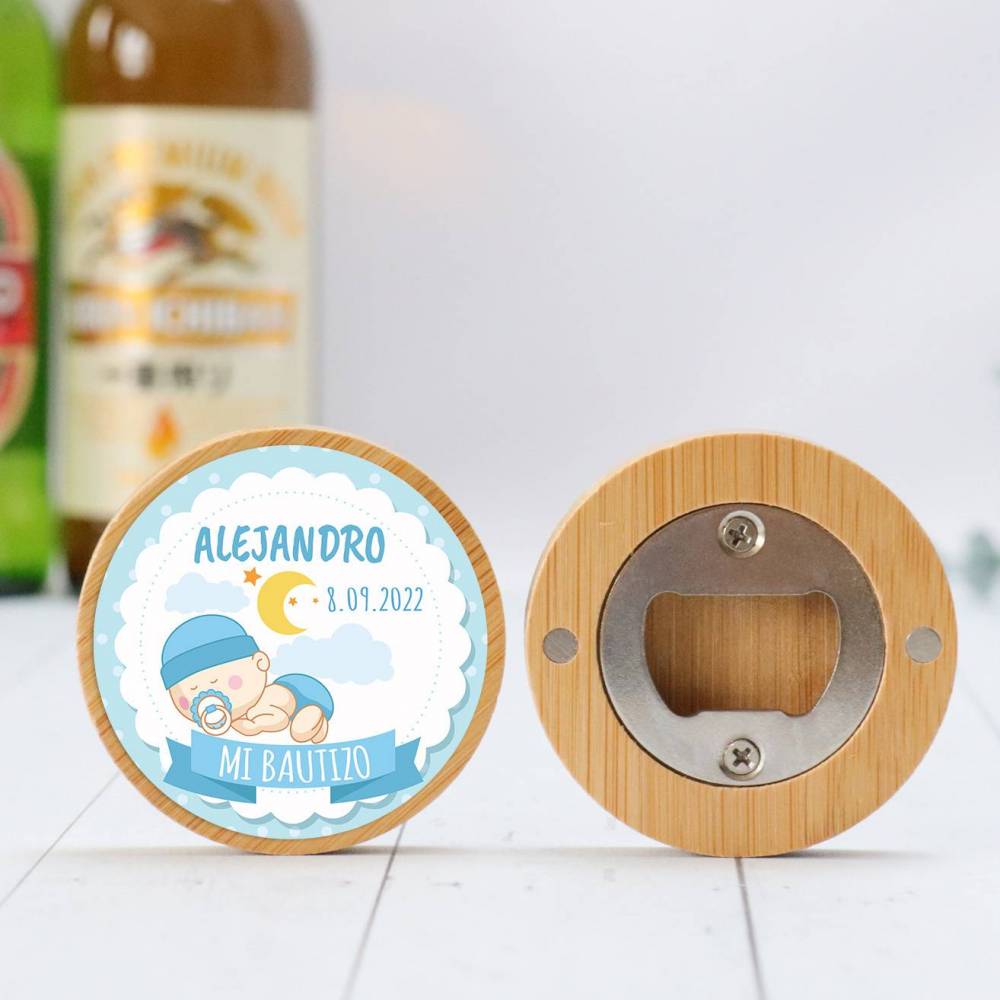 Abridor madera personalizado con pegatina Detalle bautizo - Detalles personalizables para Bautizo