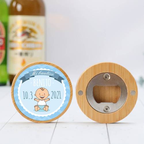 Abridor madera personalizado "Olas" con pegatina Detalle bautizo - Detalles personalizables para Bautizo
