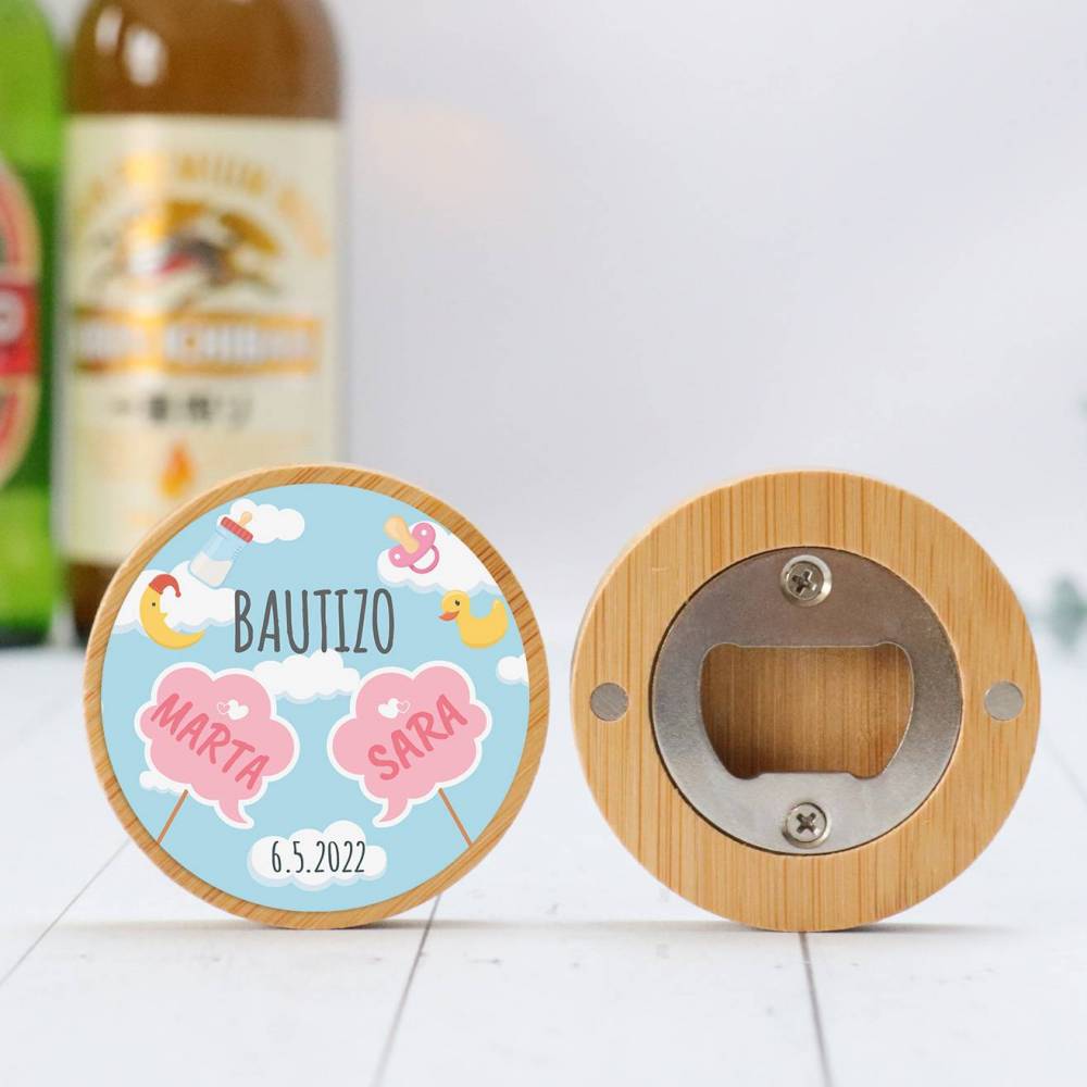 Abridor madera personalizado "Gemelas" con pegatina Detalle bautizo - Detalles personalizables para Bautizo