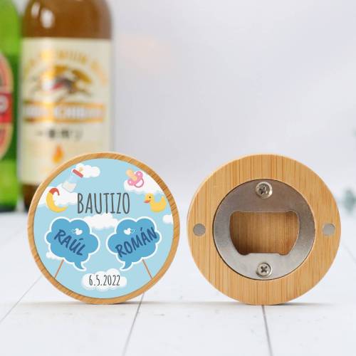 Abridor madera personalizado "Gemelos" con pegatina Detalle bautizo - Detalles personalizables para Bautizo