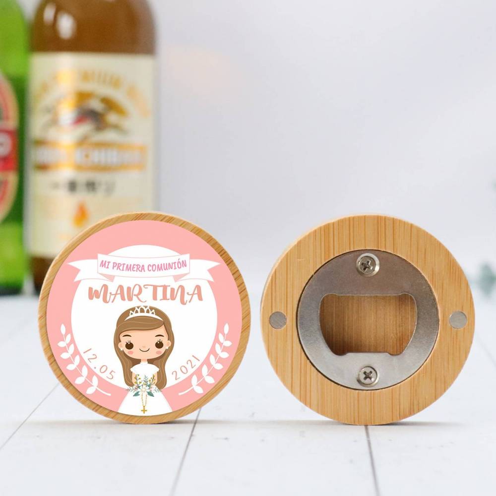 Abridor madera personalizado "Martina Rosa" con pegatina Detalle comunión - Abridor Imán Personalizado Comunión