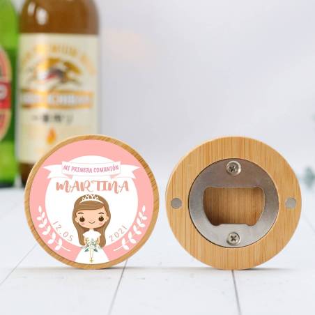 Abridor madera personalizado "Martina Rosa" con pegatina Detalle comunión - Abridor Imán Personalizado Comunión