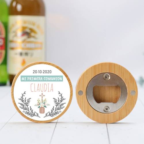 Abridor madera personalizado "Claudia" con pegatina Detalle comunión - Abridor Imán Personalizado Comunión