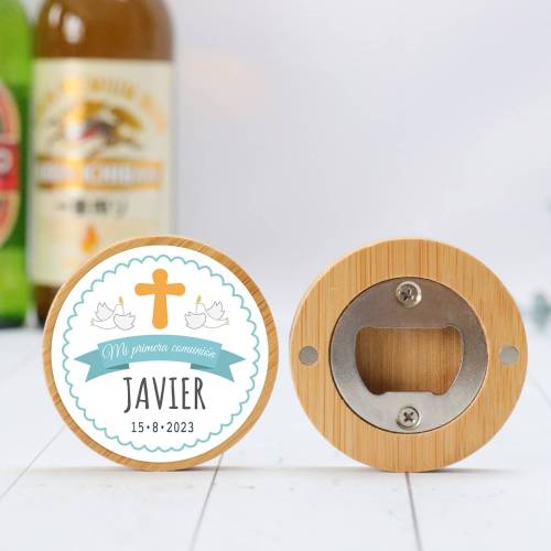 Abridor madera personalizado "Javier" con pegatina Detalle comunión - Abridor Imán Personalizado Comunión