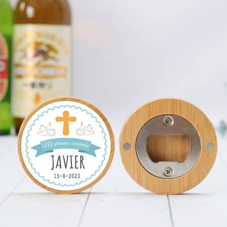 Abridor madera personalizado "Javier" con pegatina Detalle comunión - Abridor Imán Personalizado Comunión