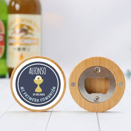 Abridor madera personalizado "Alonso" con pegatina Detalle comunión - Abridor Imán Personalizado Comunión