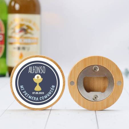 Abridor madera personalizado "Alonso" con pegatina Detalle comunión - Abridor Imán Personalizado Comunión