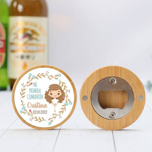Abridor madera personalizado "Cristina" con pegatina Detalle comunión - Abridor Imán Personalizado Comunión