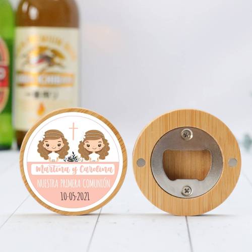 Abridor madera personalizado "Gemelas" con pegatina Detalle comunión - Abridor Imán Personalizado Comunión