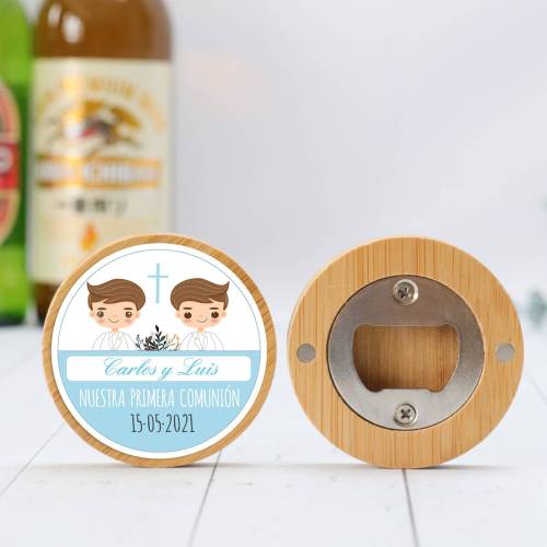 Abridor madera personalizado "Gemelos" con pegatina Detalle comunión - Abridor Imán Personalizado Comunión