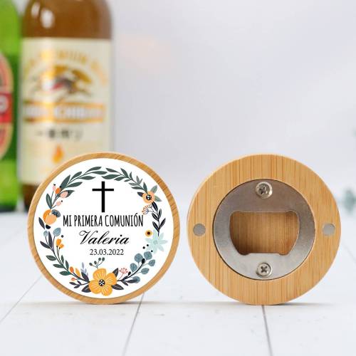 Abridor madera personalizado "Valeria" con pegatina Detalle comunión - Abridor Imán Personalizado Comunión