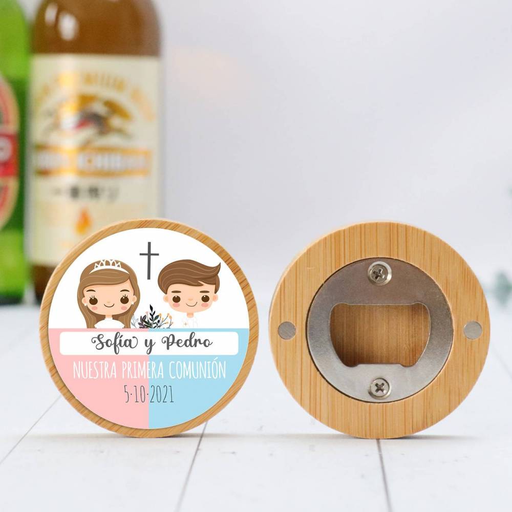 Abridor madera personalizado "Mellizos" con pegatina Detalle comunión - Abridor Imán Personalizado Comunión