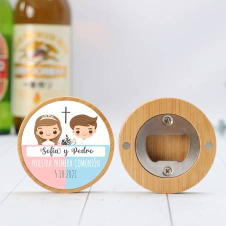 Abridor madera personalizado "Mellizos" con pegatina Detalle comunión - Abridor Imán Personalizado Comunión