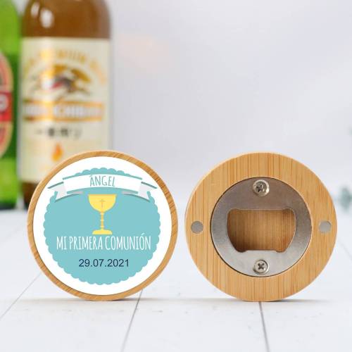 Abridor madera personalizado "Ángel" con pegatina Detalle comunión - Abridor Imán Personalizado Comunión