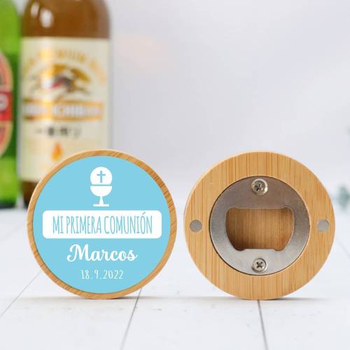 Abridor madera personalizado "Marcos cielo" con pegatina Detalle comunión - Abridor Imán Personalizado Comunión