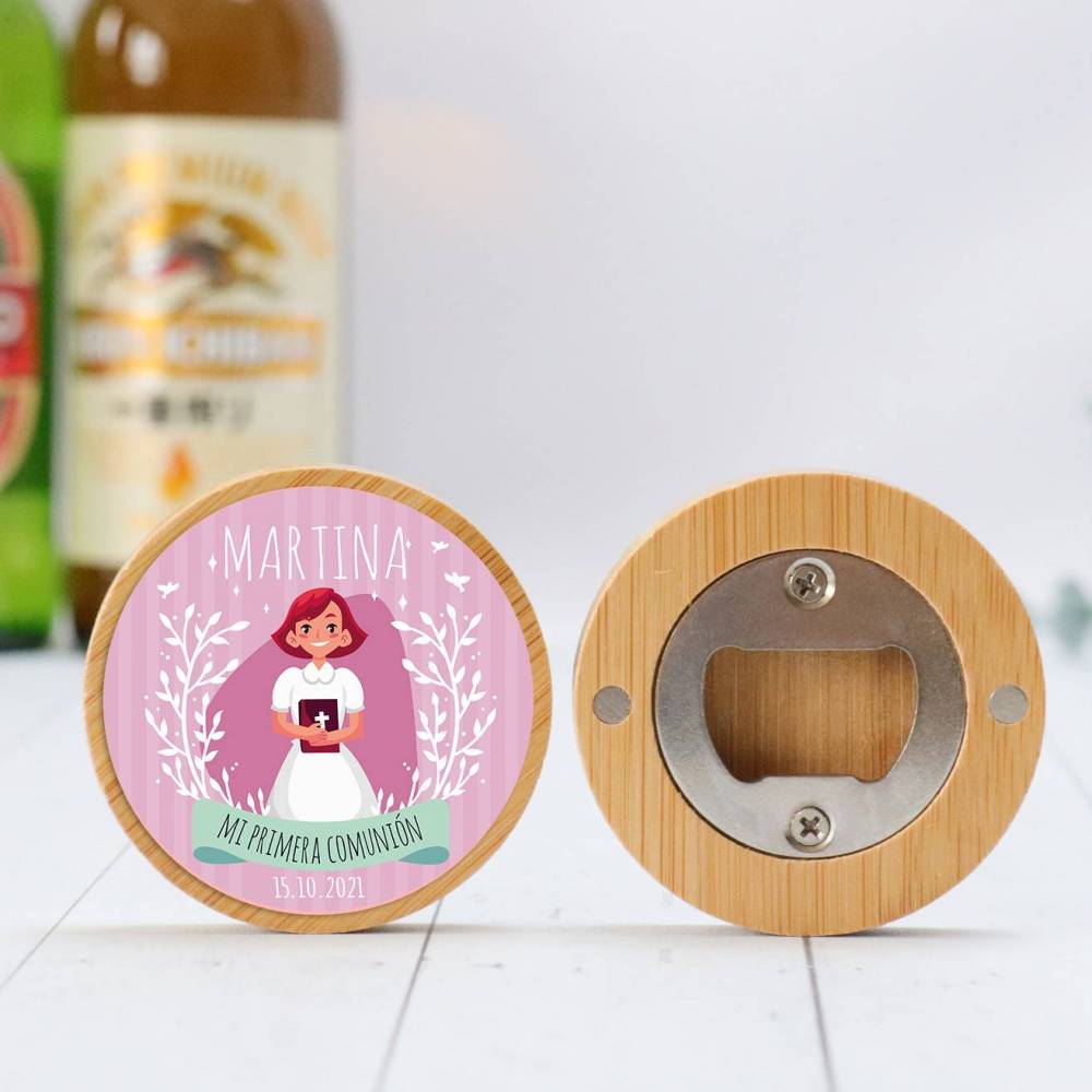 Abridor madera personalizado "Martina Niña" con pegatina Detalle comunión - Abridor Imán Personalizado Comunión