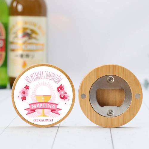 Abridor madera personalizado "Martina Rosa Cáliz" con pegatina Detalle comunión - Abridor Imán Personalizado Comunión