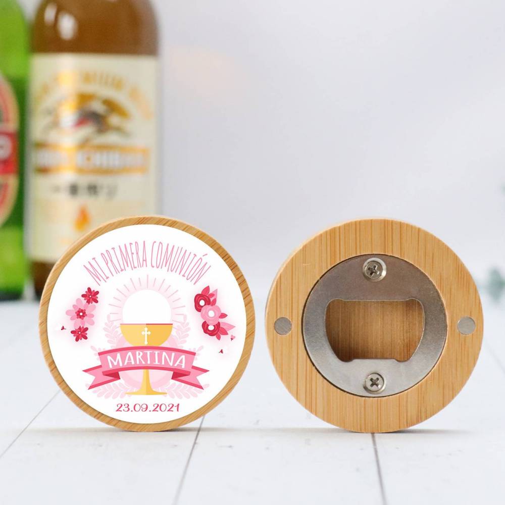 Abridor madera personalizado "Martina Rosa Cáliz" con pegatina Detalle comunión - Abridor Imán Personalizado Comunión
