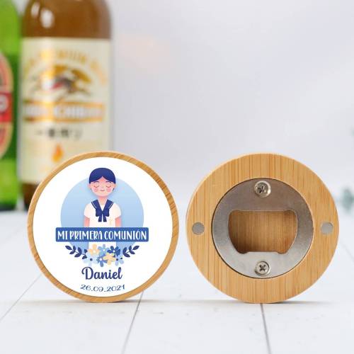 Abridor madera personalizado "Daniel" con pegatina Detalle comunión - Abridor Imán Personalizado Comunión
