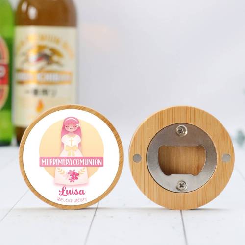 Abridor madera personalizado "Luisa" con pegatina Detalle comunión - Abridor Imán Personalizado Comunión