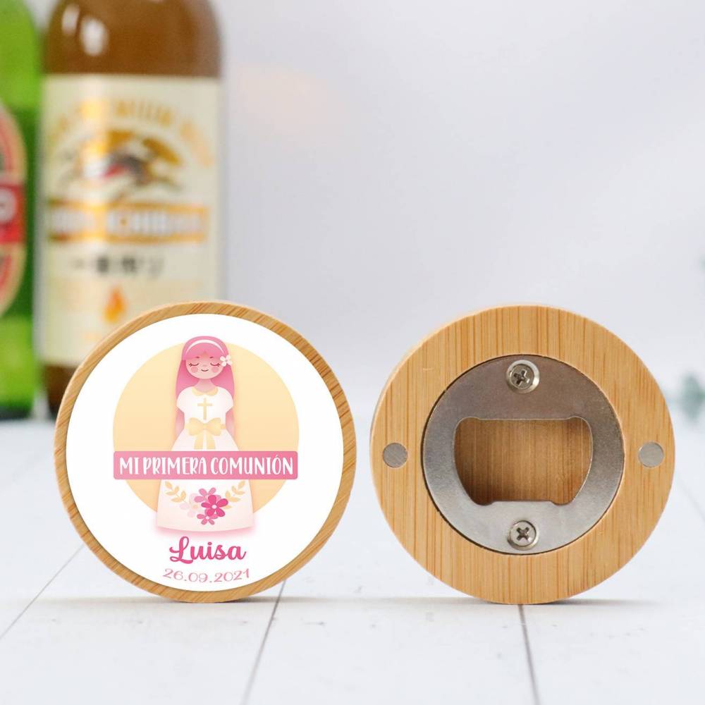 Abridor madera personalizado "Luisa" con pegatina Detalle comunión - Abridor Imán Personalizado Comunión
