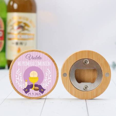 Abridor madera personalizado "Violeta" con pegatina Detalle comunión - Abridor Imán Personalizado Comunión