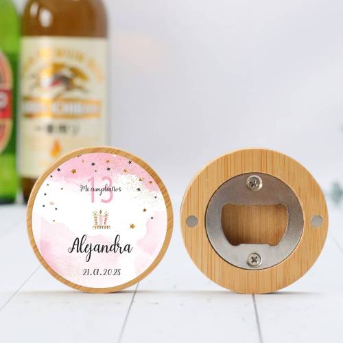 Abridor madera personalizado "Rosa" con pegatina Detalle cumpleaños - Regalos personalizables cumpleaños
