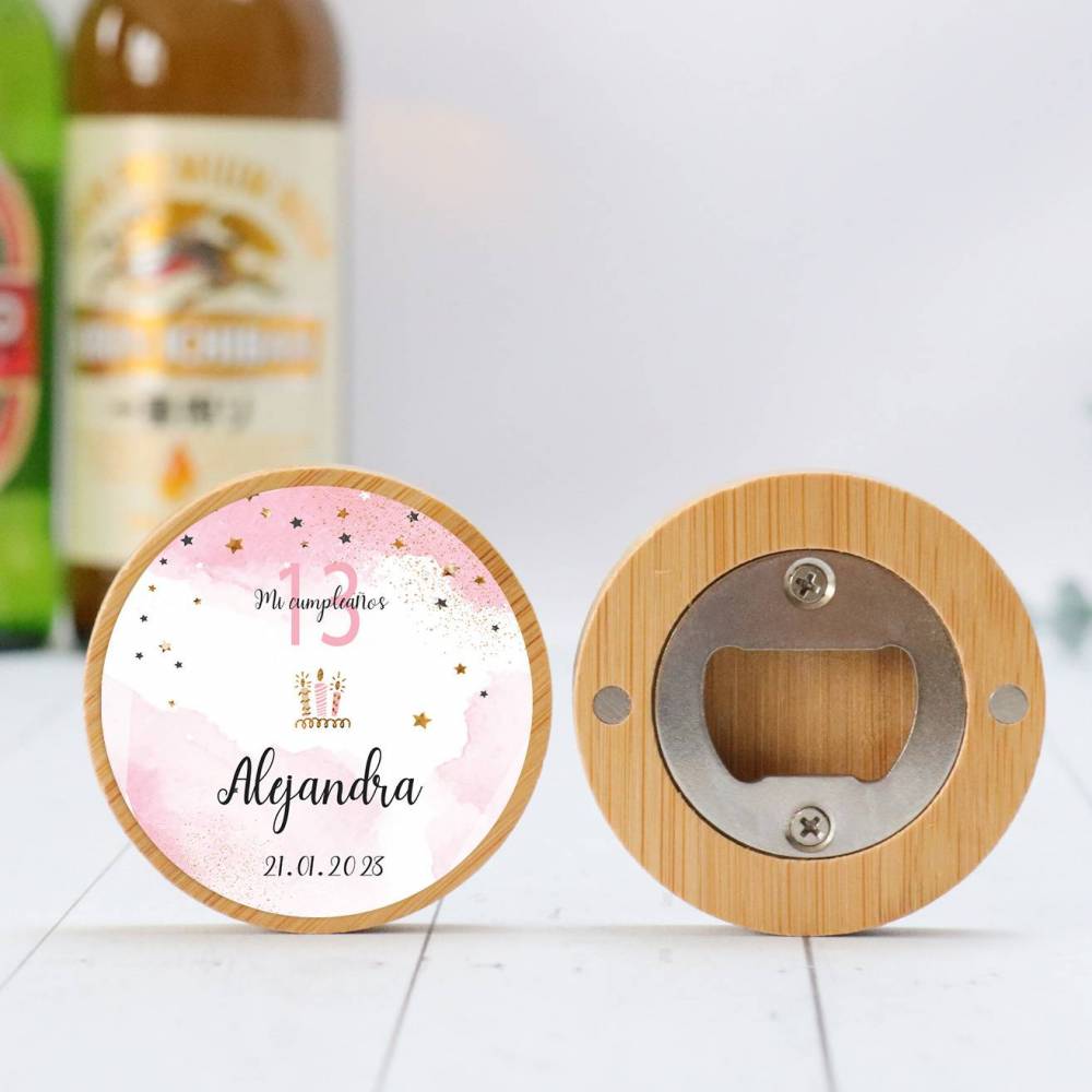 Abridor madera personalizado "Rosa" con pegatina Detalle cumpleaños - Regalos personalizables cumpleaños